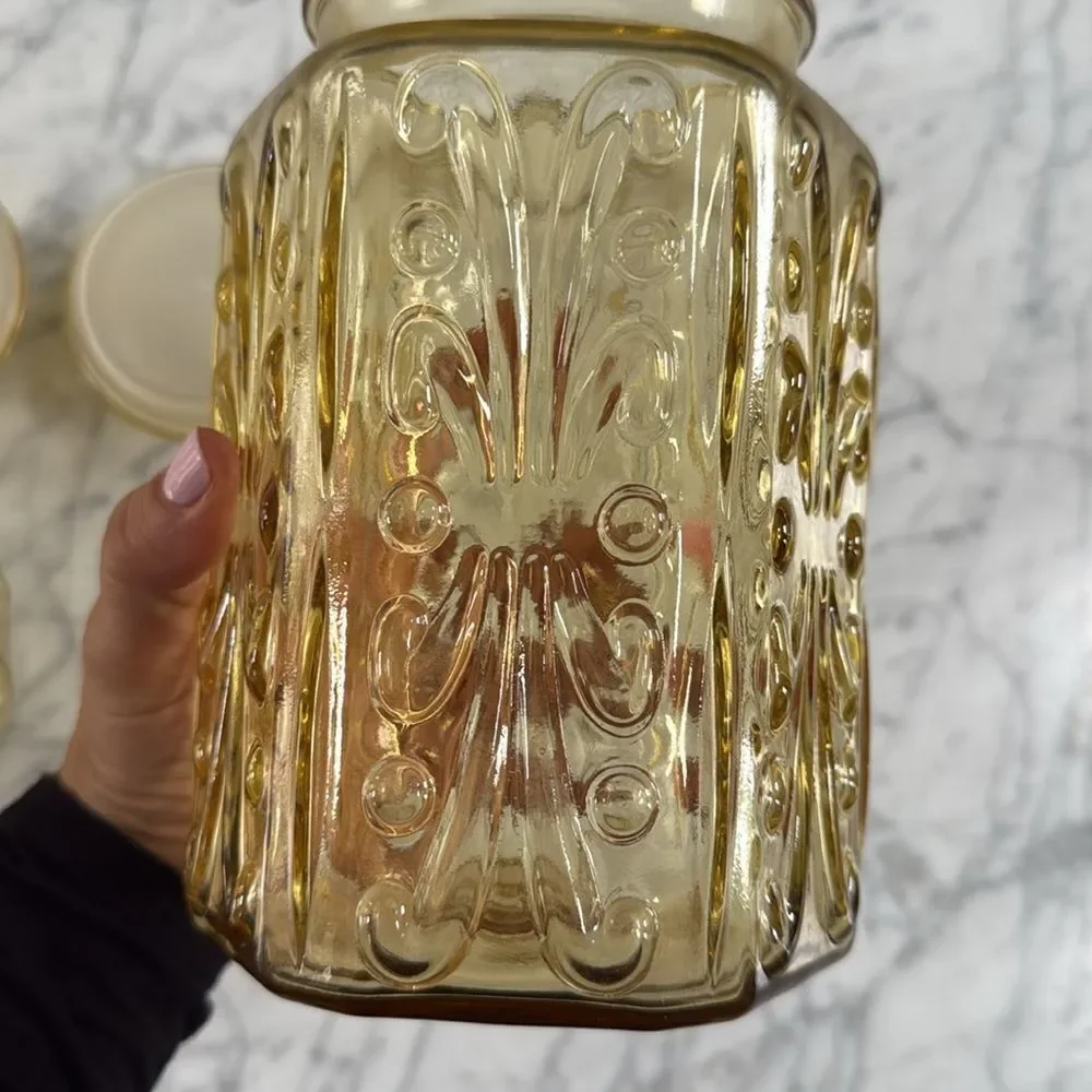 Vintage L.E. Smith Atterbury Scroll glass canister jar X2 apothecary